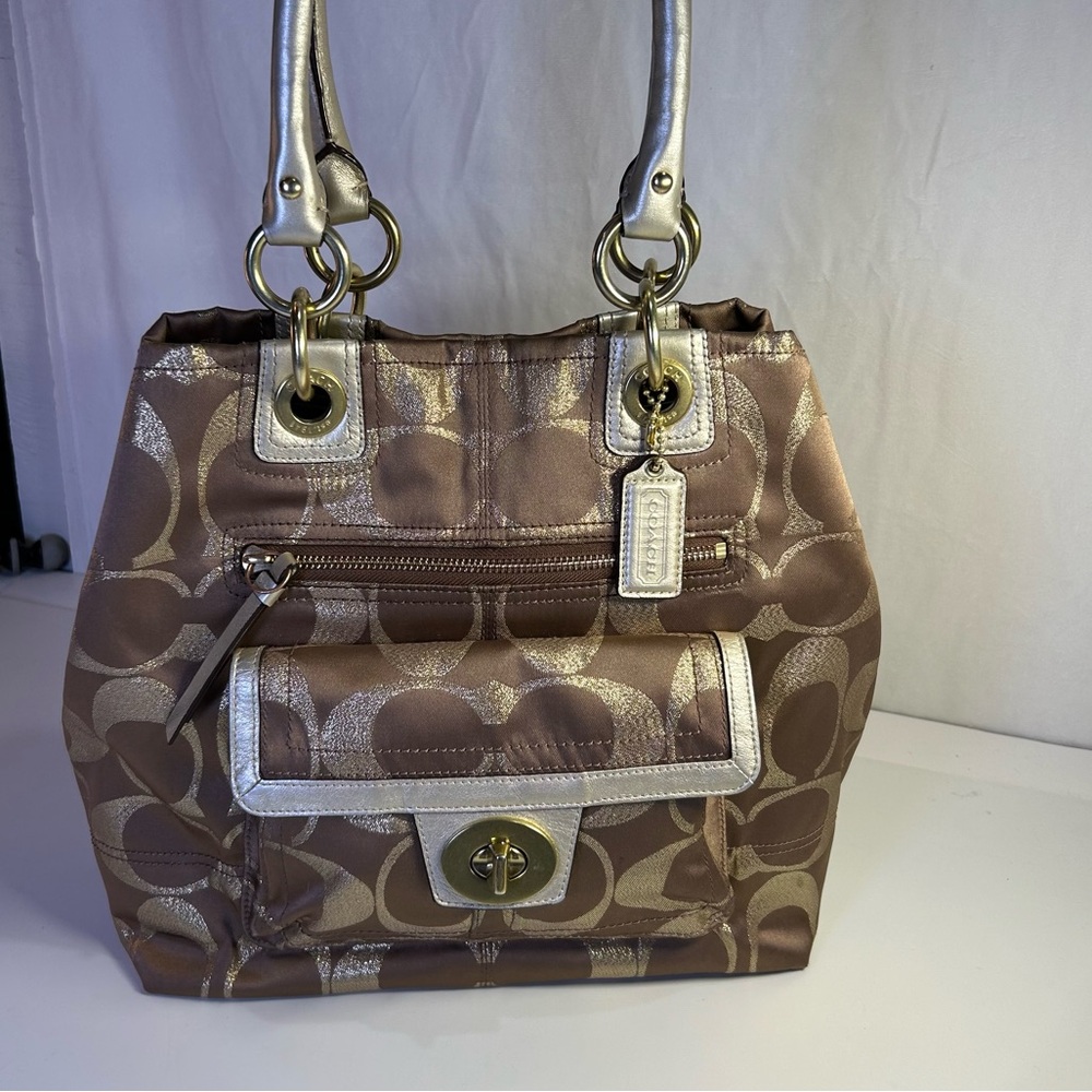 Coach Hamptons Brown & Gold Canvas Lurex Turnlock Shoulder Bag Tote.